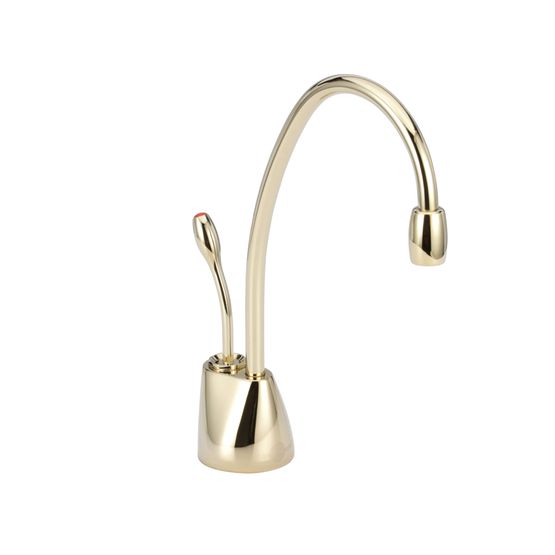 French gold instant hot water dispenser faucet with curved spout and single lever handle.