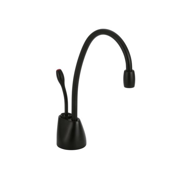 Matte black instant hot water dispenser faucet with curved gooseneck spout and single lever handle.
