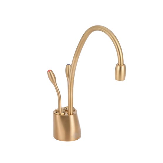 Brushed bronze instant hot and cold water faucet with curved spout and single lever handle.