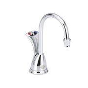 Chrome instant hot and cold water dispenser with curved spout and red and blue control buttons on base.