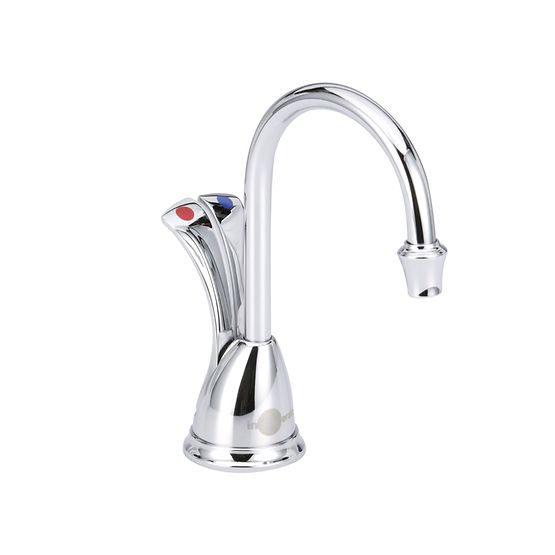 Chrome instant hot and cold water dispenser with curved spout and red and blue control buttons on base.