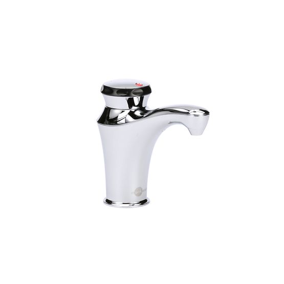 Chrome and white instant hot water dispenser faucet with curved spout and black control knob.
