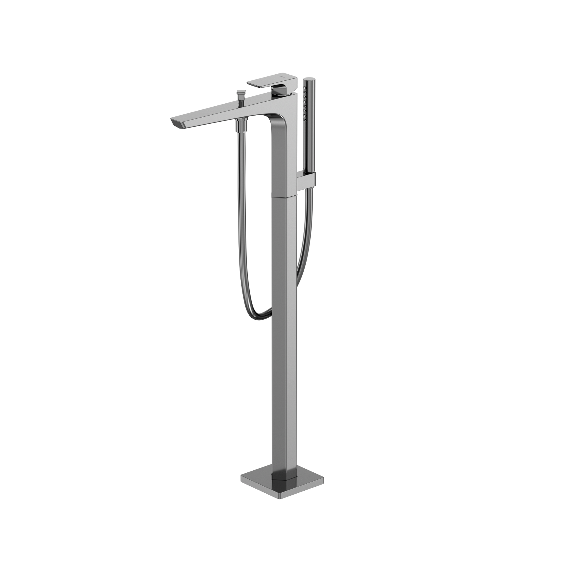Polished chrome single-handle freestanding tub filler with curved spout and attached handshower on flexible hose.