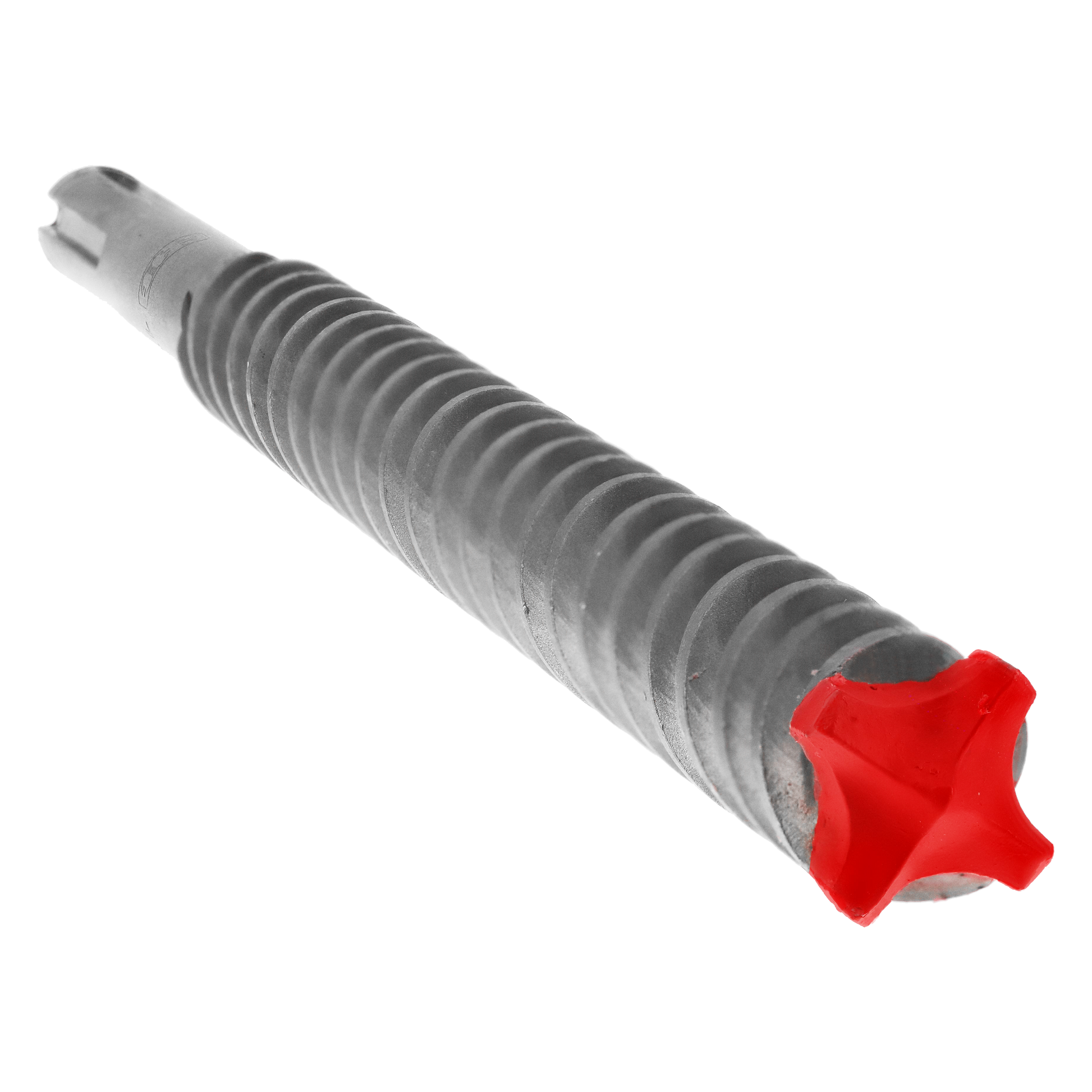 SDS-Max hammer drill bit with gray ribbed shaft and red four-cutter carbide head.