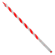 Red and gray spiral auger bit with pointed tip and hexagonal shank against white background.