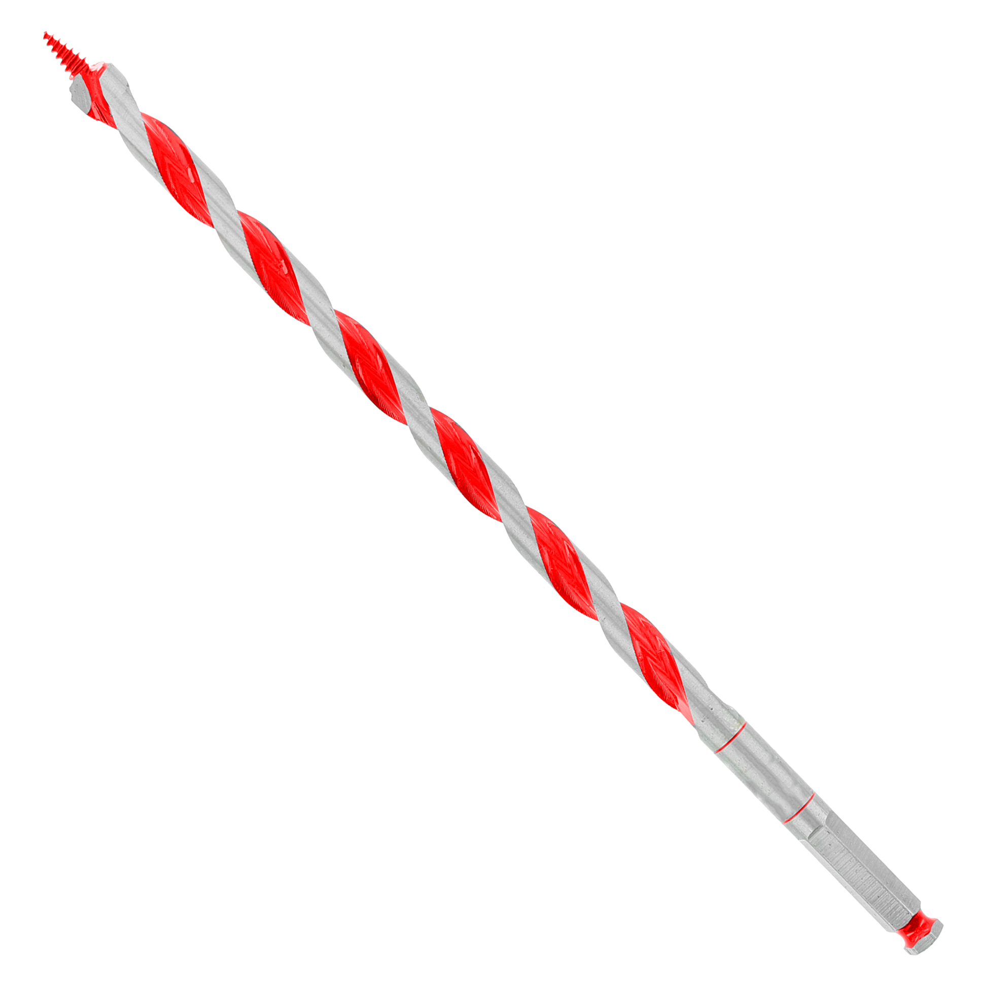 Red and gray spiral auger bit with pointed tip and hexagonal shank against white background.