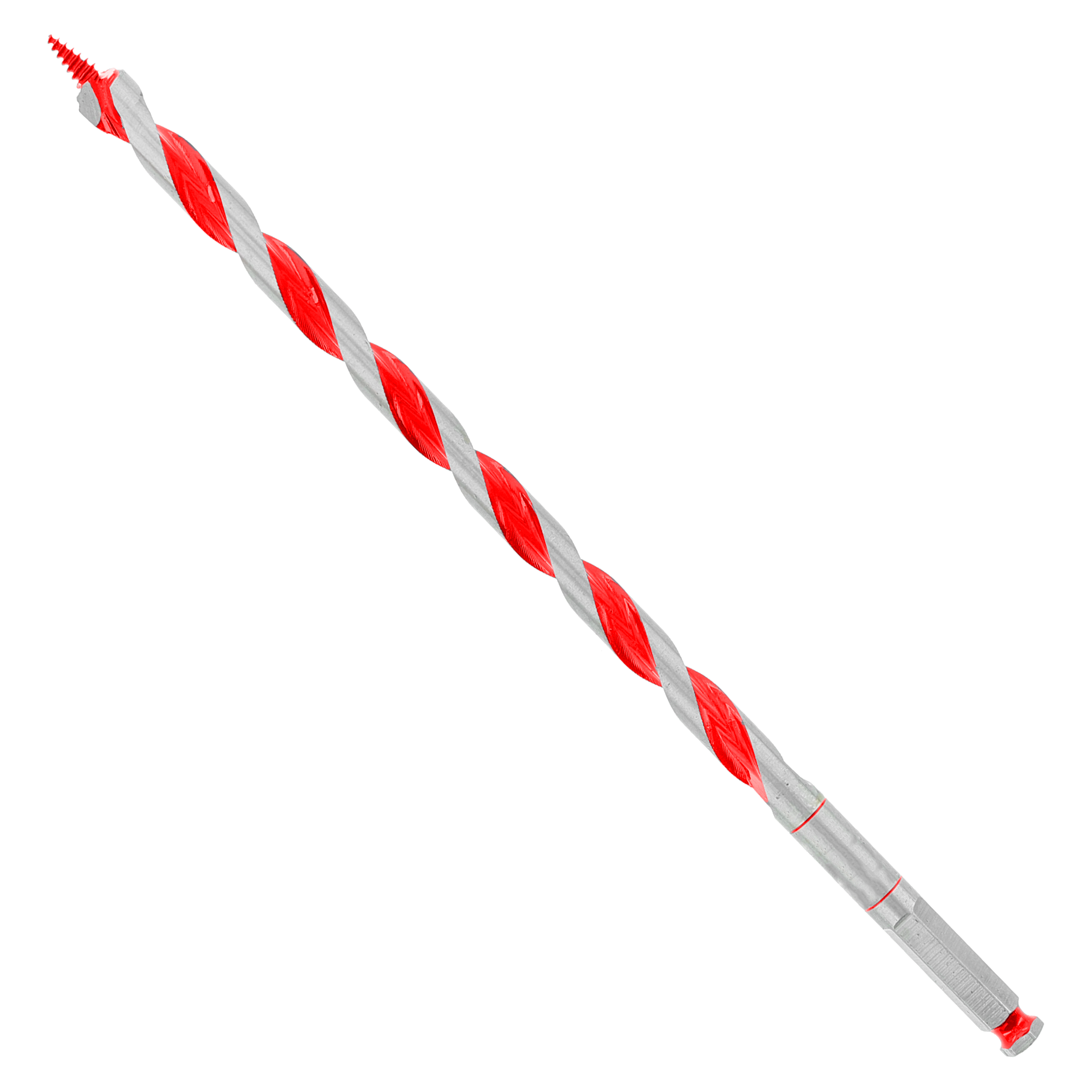Red and gray spiral auger bit with pointed tip and hexagonal shank against white background.