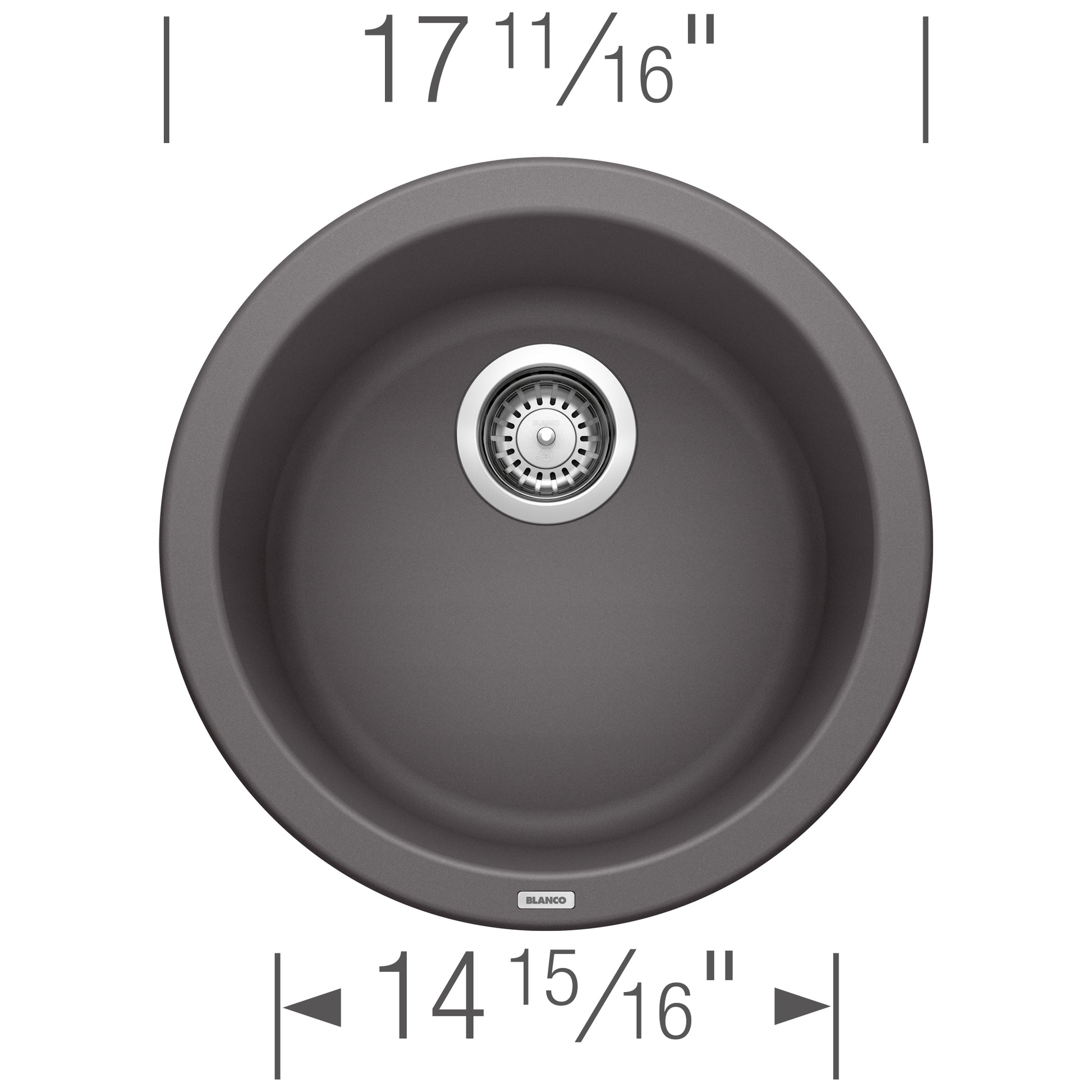 Round cinder-colored bar sink with chrome drain strainer, 17 11/16" diameter.