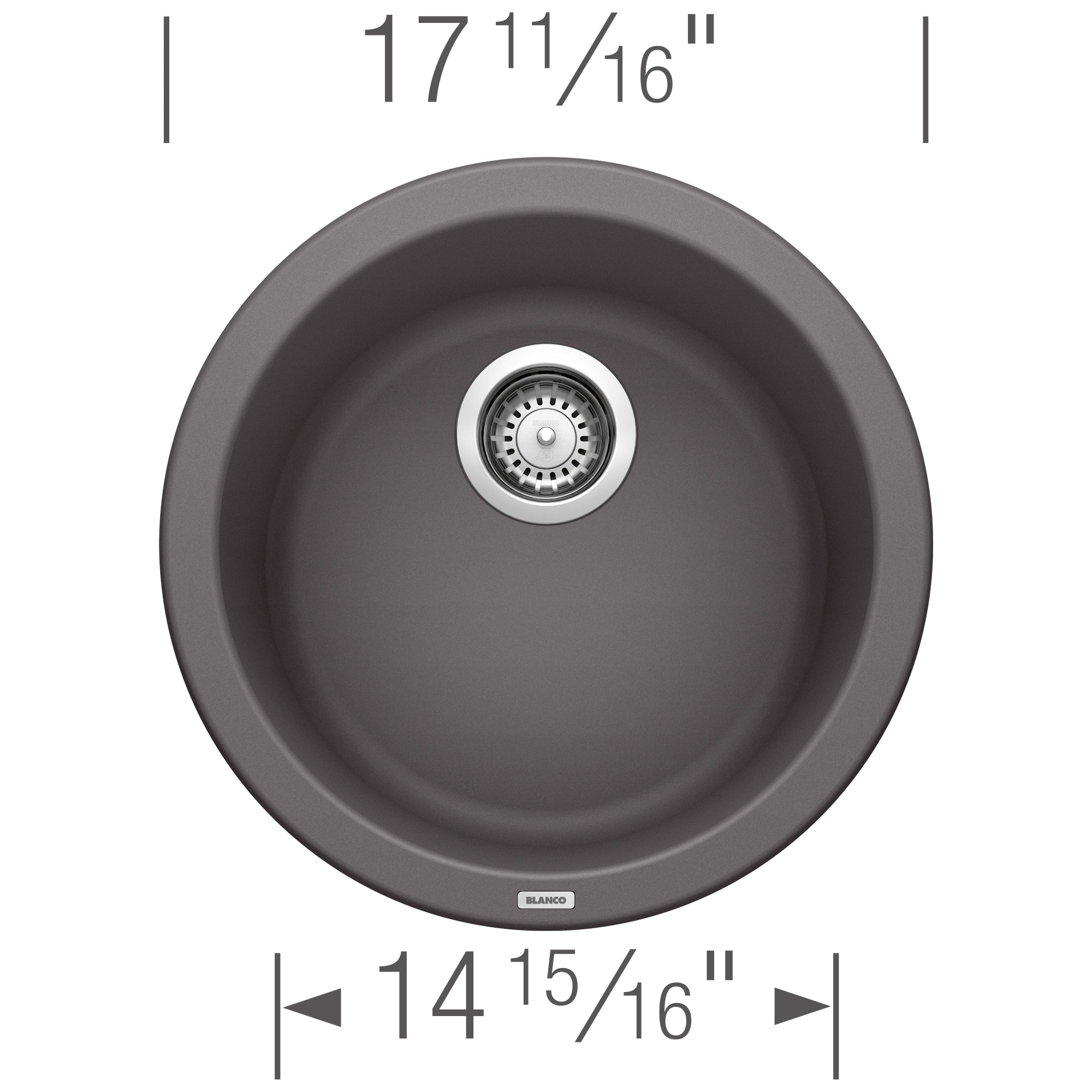 Round cinder-colored bar sink with chrome drain strainer, 17 11/16" diameter.