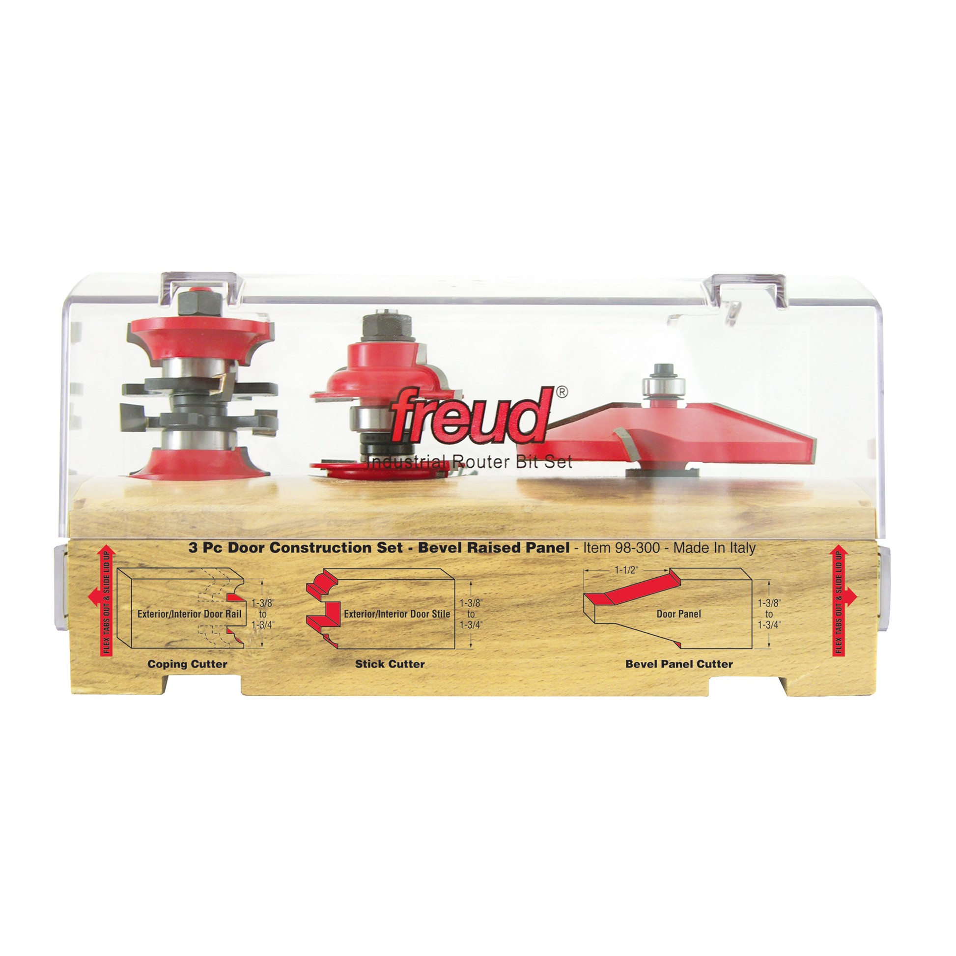 Three Freud router bits with red bases and metal shanks displayed in a wooden case with labeled compartments for coping, stic