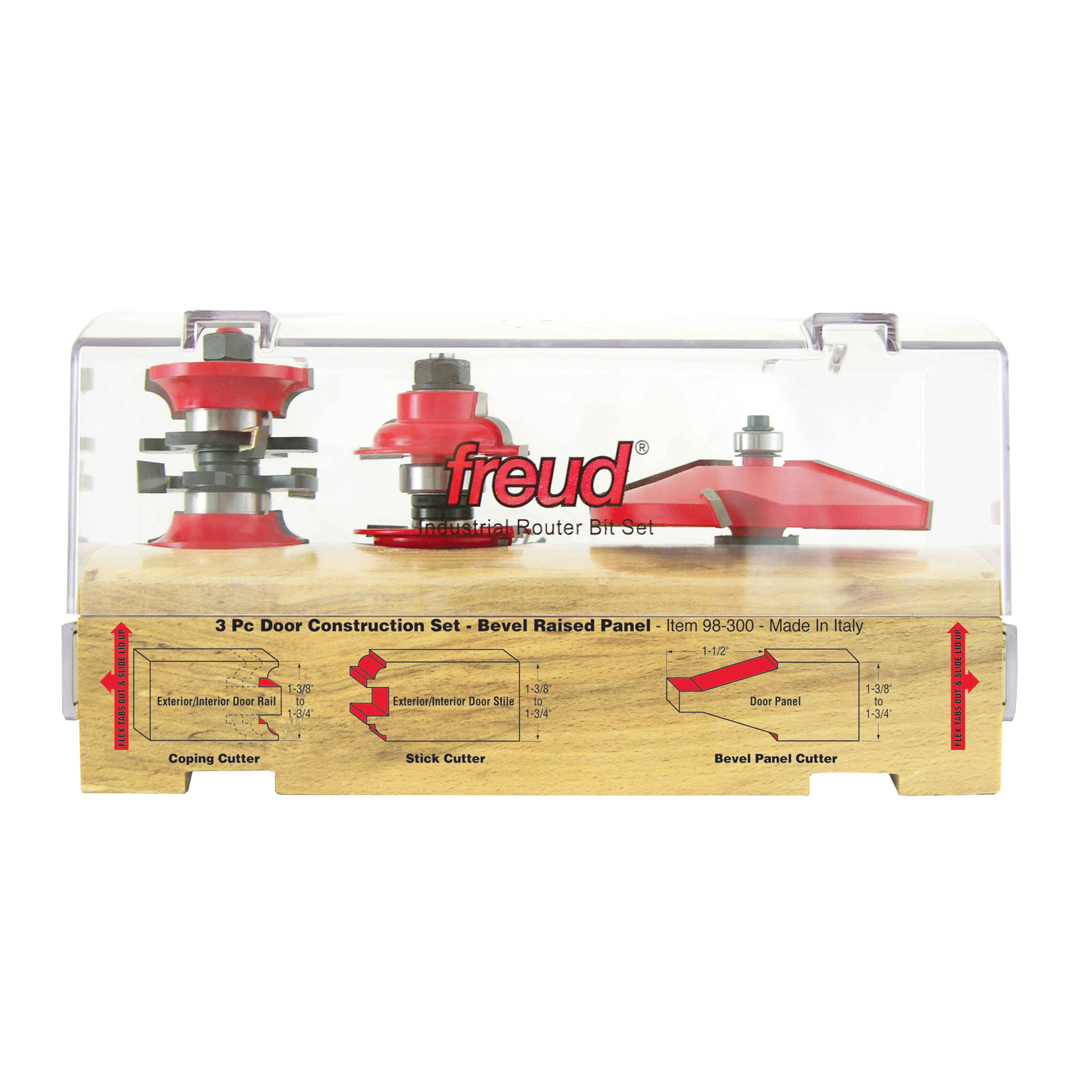 Three Freud router bits with red bases and metal shanks displayed in a wooden case with labeled compartments for coping, stic