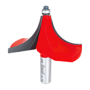 Freud router bit with red curved cutting head and silver shank, featuring rounded beading profile design.