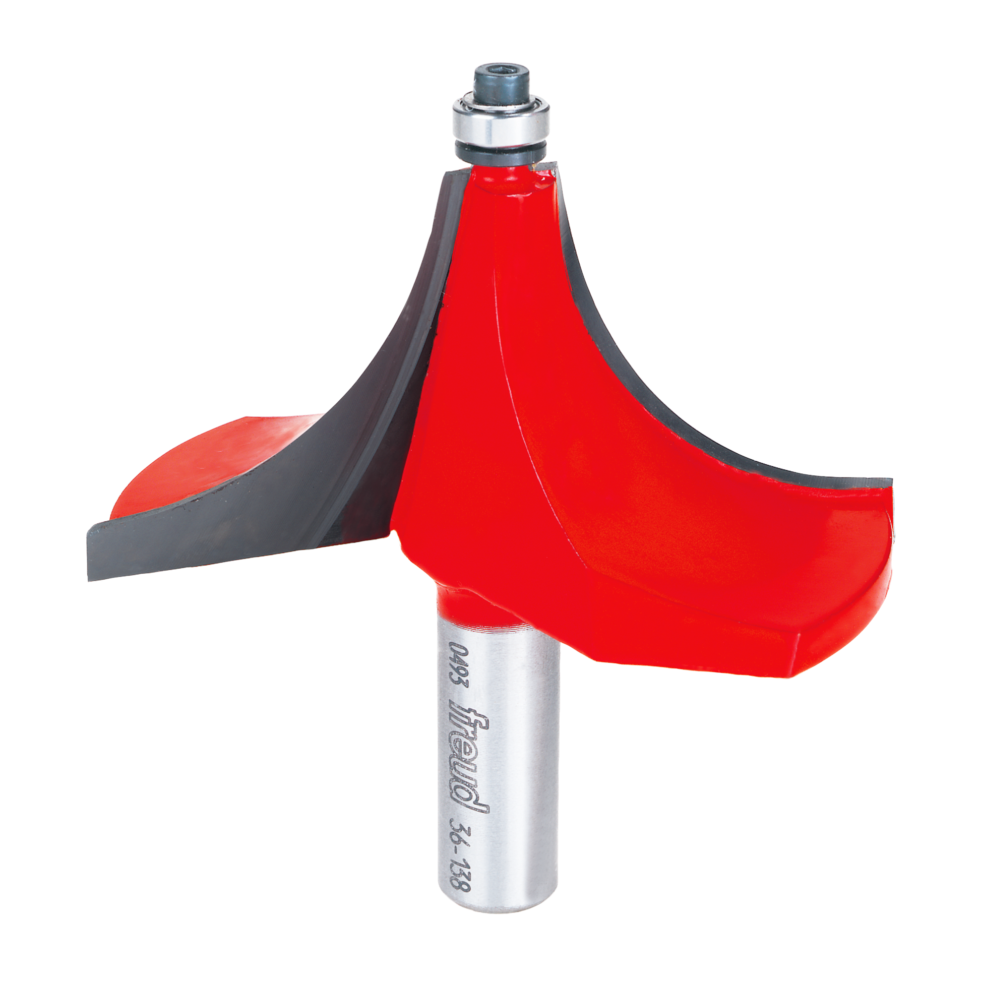 Freud router bit with red curved cutting head and silver shank, featuring rounded beading profile design.
