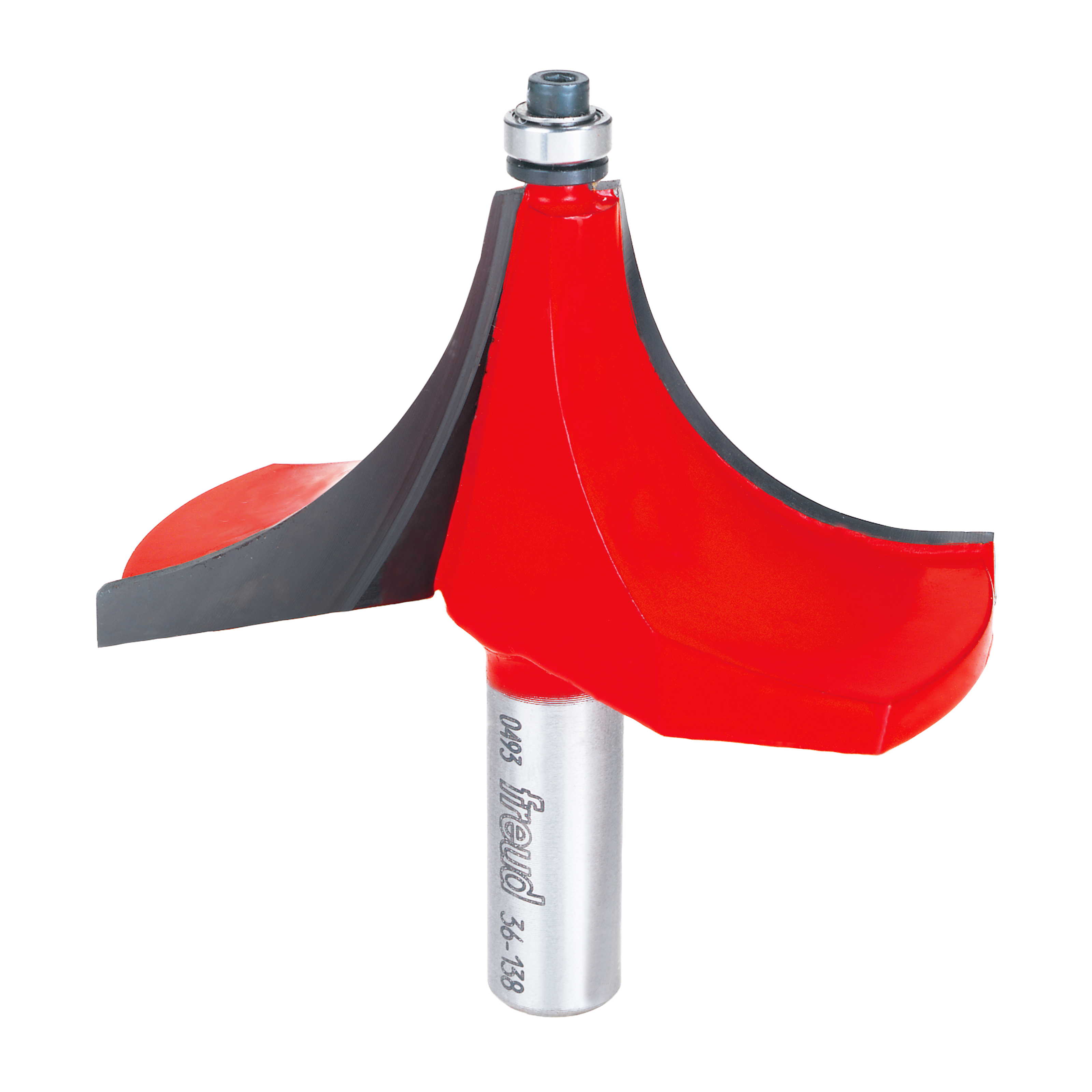 Freud router bit with red curved cutting head and silver shank, featuring rounded beading profile design.