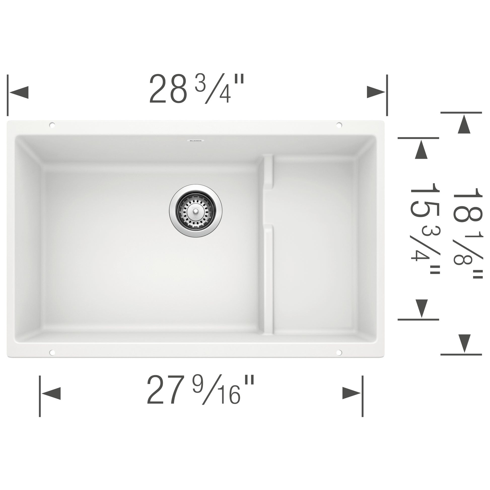White undermount kitchen sink with single large basin and smaller right basin, viewed from above with dimensions labeled.