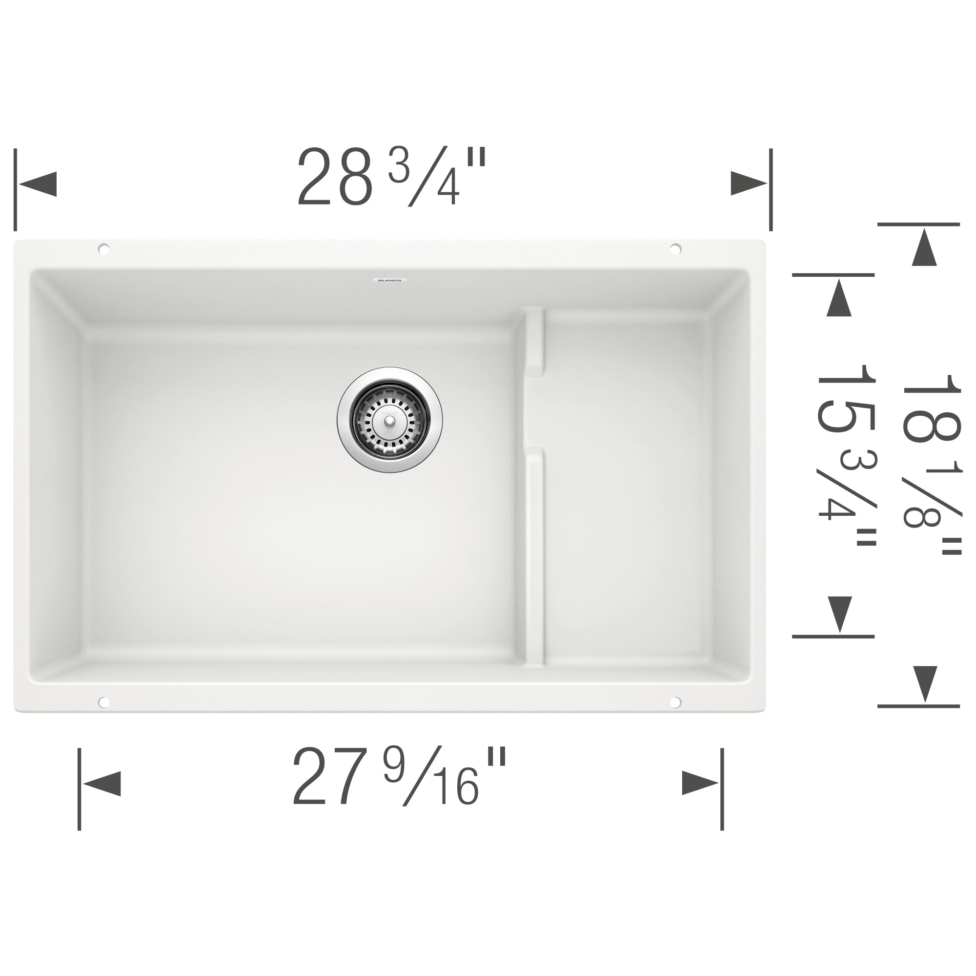 White undermount kitchen sink with single large basin and smaller right basin, viewed from above with dimensions labeled.