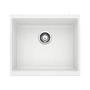 White undermount kitchen sink bowl with chrome drain strainer, top-down view showing rectangular basin and mounting holes.