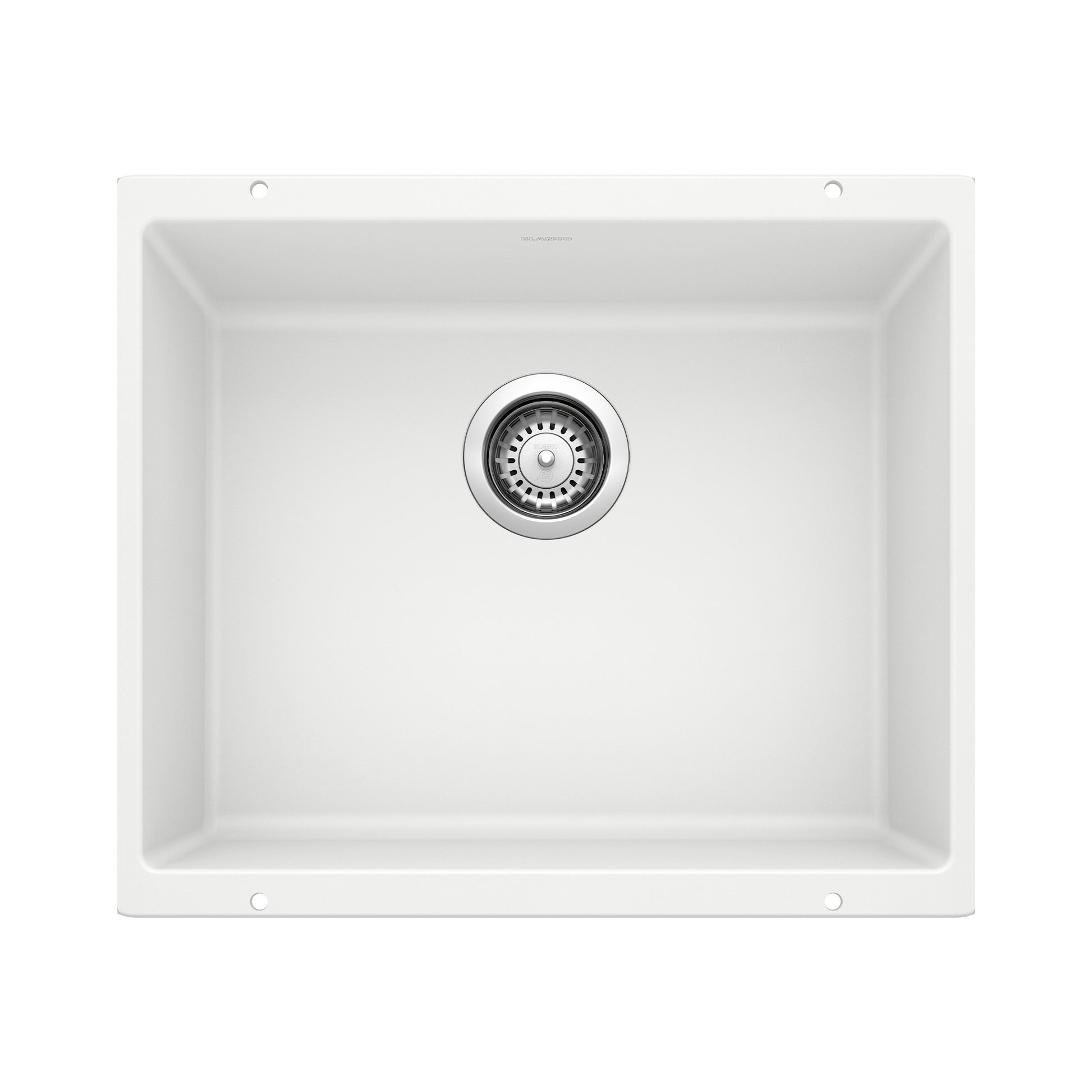 White undermount kitchen sink bowl with chrome drain strainer, top-down view showing rectangular basin and mounting holes.