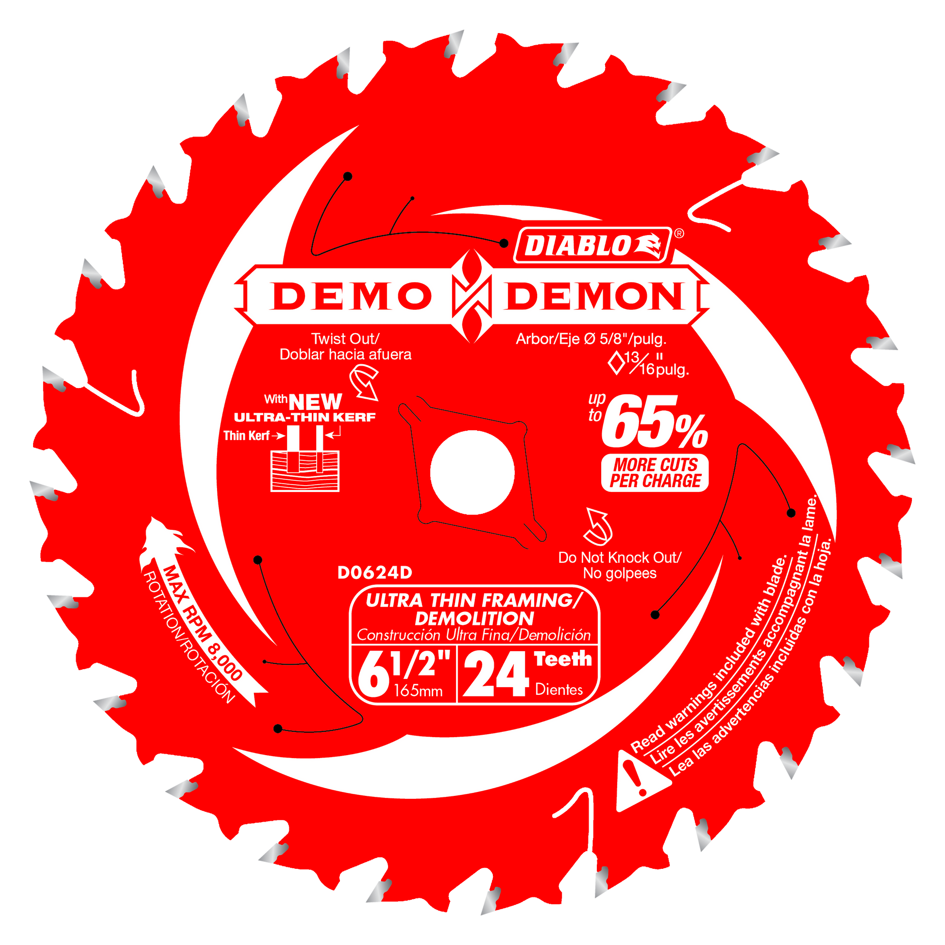 Red circular saw blade with 24 teeth, 6-1/2 inch diameter, white center hole, and Diablo branding.
