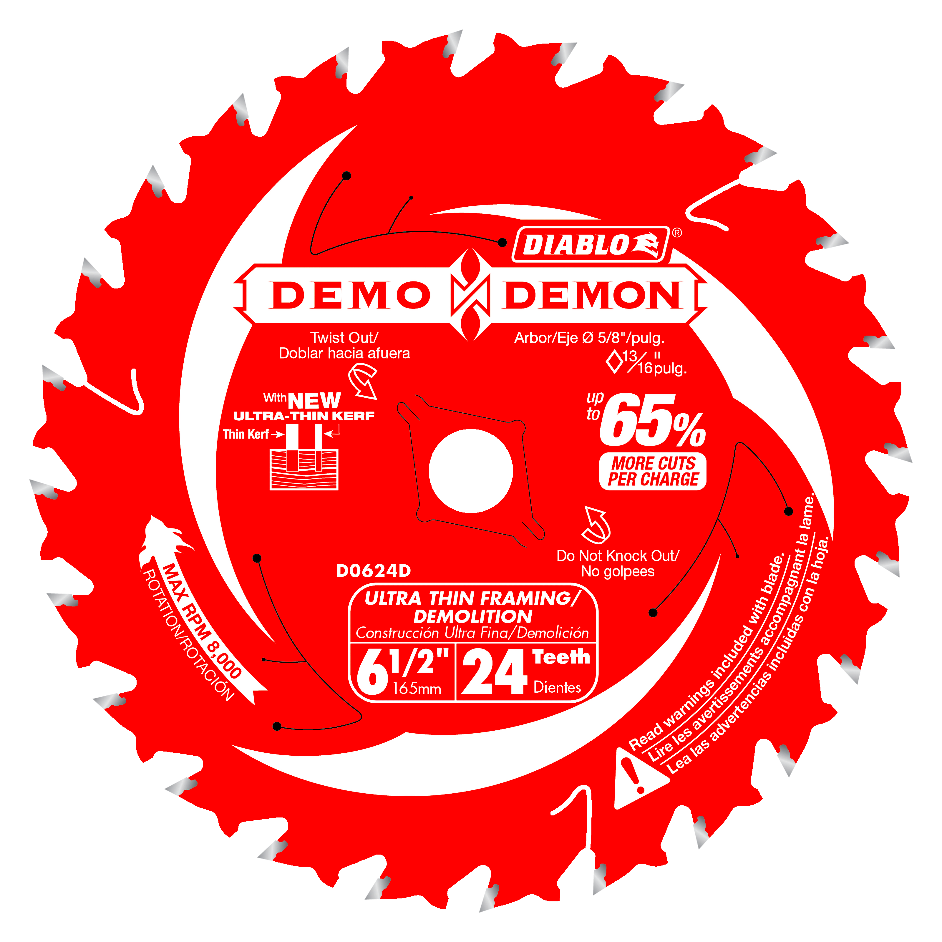 Red circular saw blade with 24 teeth, 6-1/2 inch diameter, white center hole, and Diablo branding.
