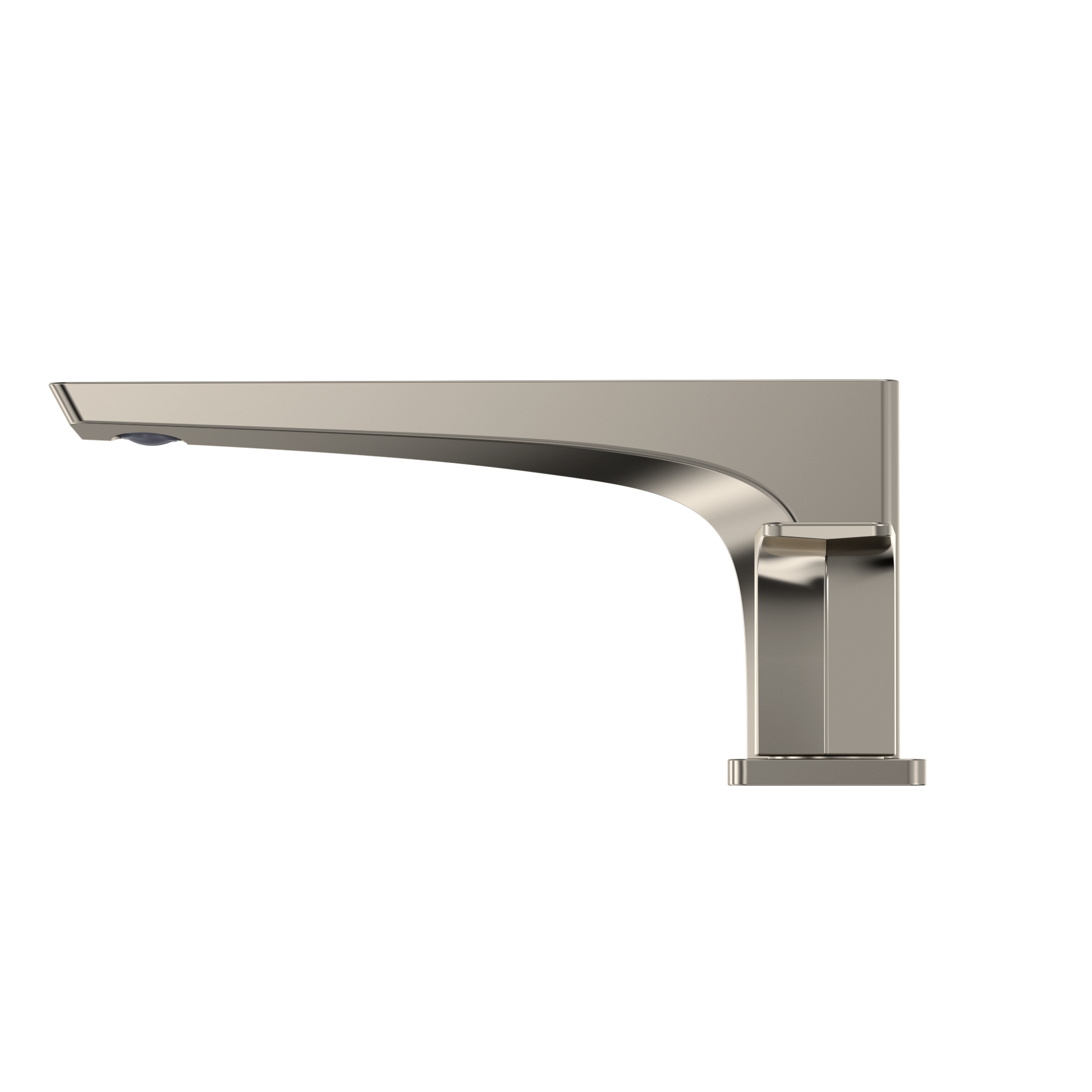 Polished nickel deck-mount roman tub filler with curved spout and rectangular vertical handle.