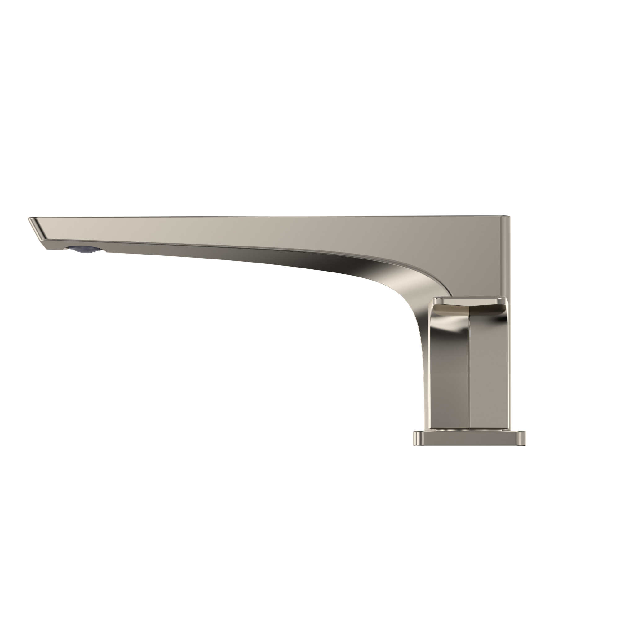 Polished nickel deck-mount roman tub filler with curved spout and rectangular vertical handle.