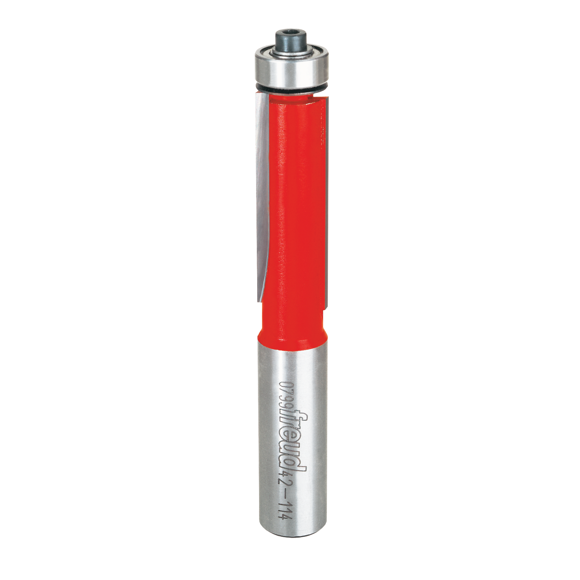 Freud bearing flush trim bit with red plastic grip, metal shank, and ball bearing collar at top.