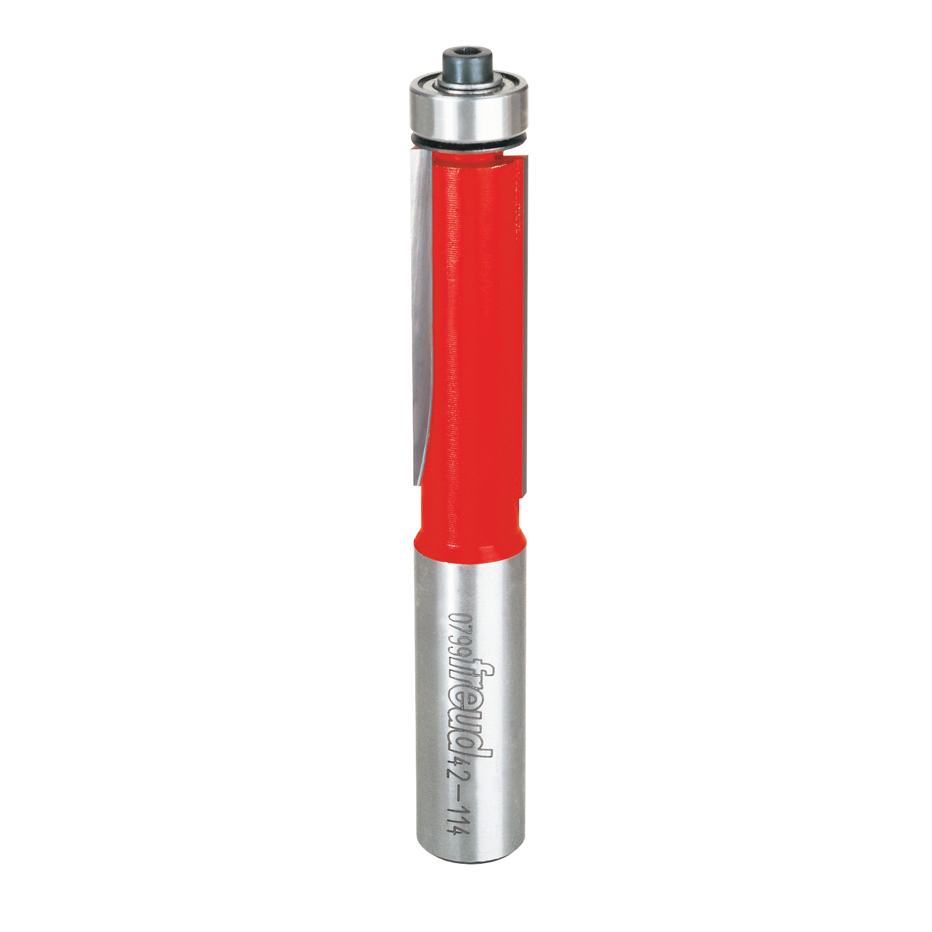 Freud bearing flush trim bit with red plastic grip, metal shank, and ball bearing collar at top.