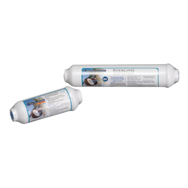 Two white cylindrical Sterling water filter cartridges with blue labels and threaded end connectors.