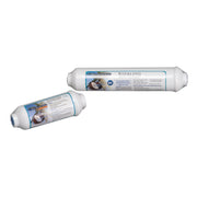 Two white cylindrical inline carbon water filters with blue labels and quick connection fittings.