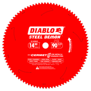 Red circular saw blade with 90 teeth and white center arbor, labeled Diablo Steel Demon for metals and stainless steel cuttin