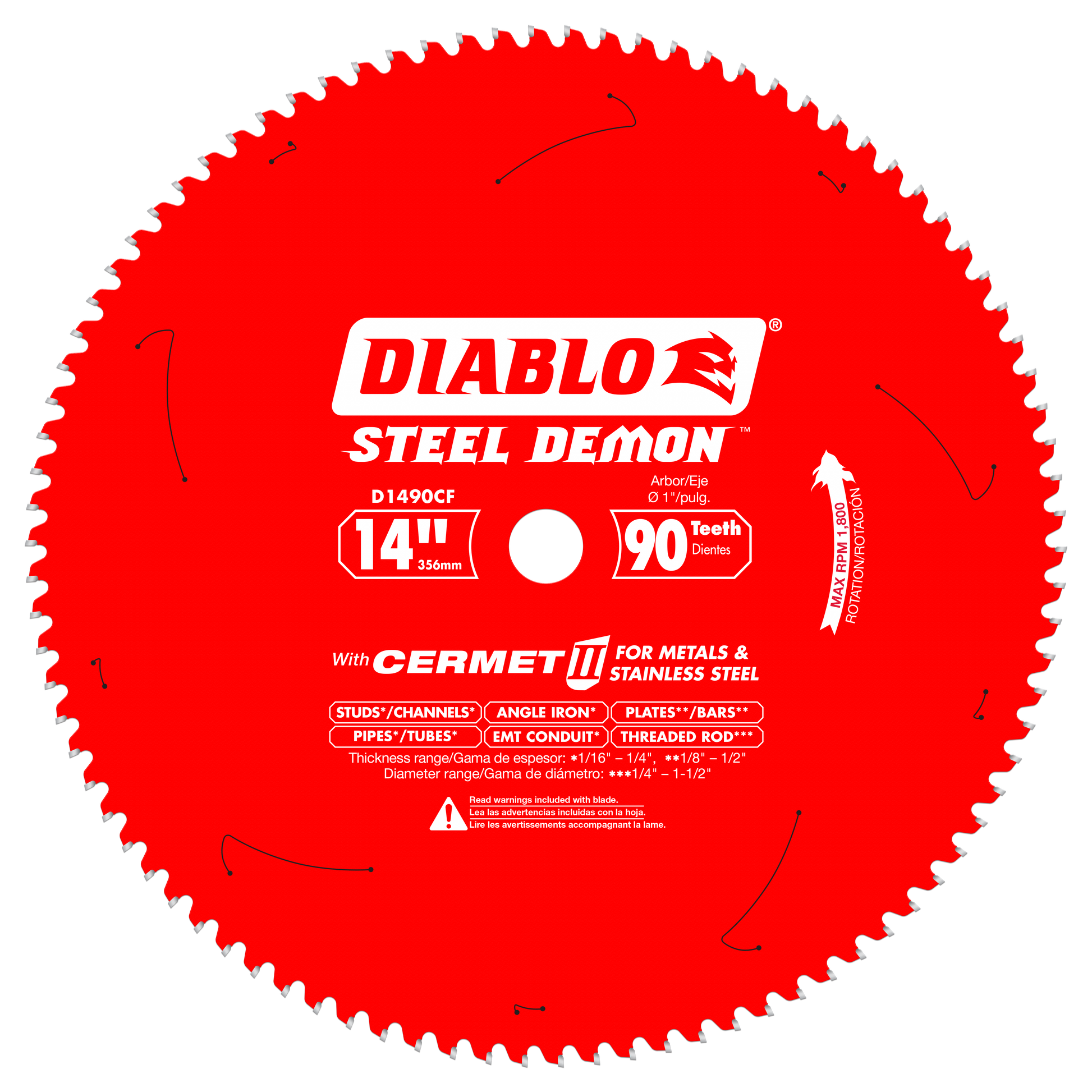 Red circular saw blade with 90 teeth and white center arbor, labeled Diablo Steel Demon for metals and stainless steel cuttin