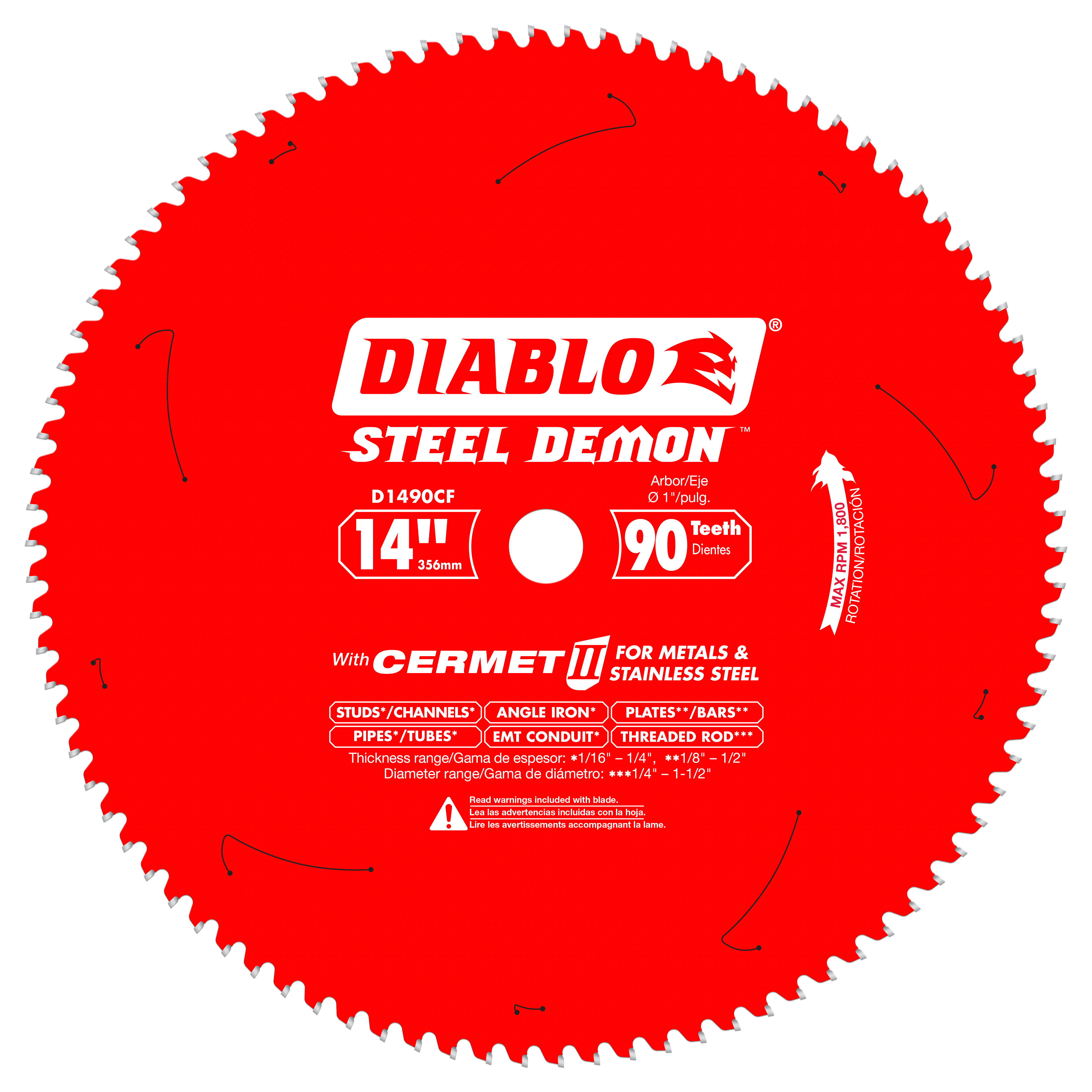 Red circular saw blade with 90 teeth and white center arbor, labeled Diablo Steel Demon for metals and stainless steel cuttin