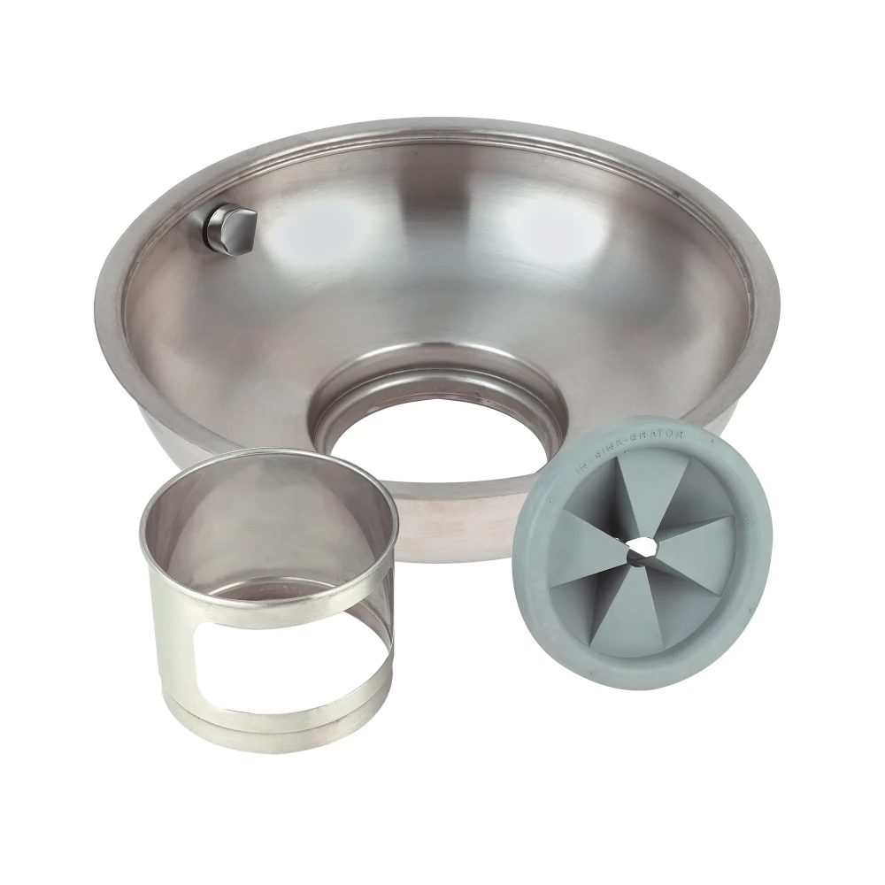 Stainless steel sink disposer mounting assembly with bowl cover, collar ring, and gray removable splash baffle.