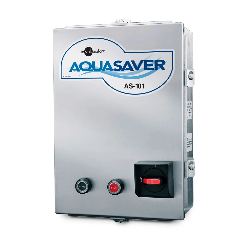 Stainless steel InSinkErator Aqua Saver AS-101 control system with start and stop buttons and red power switch.