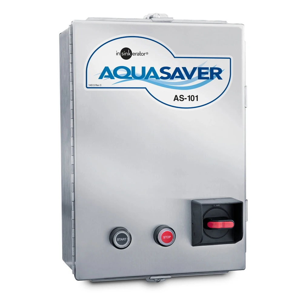 Stainless steel InSinkErator Aqua Saver AS-101 control system with start and stop buttons and manual disconnect switch.