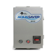 Stainless steel InSinkErator Aqua Saver AS-101 control system with two circular buttons and red power switch.