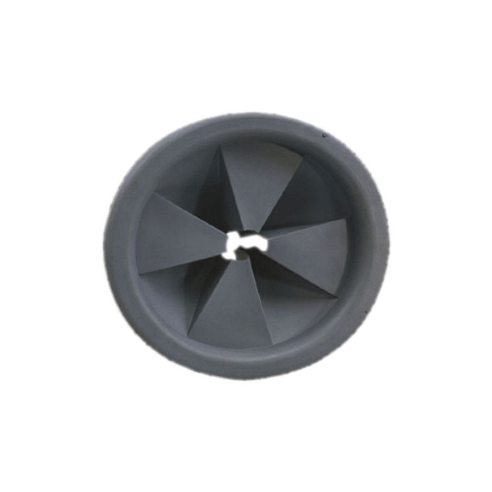 Black removable splash baffle with six angled deflector flaps and center mounting post.