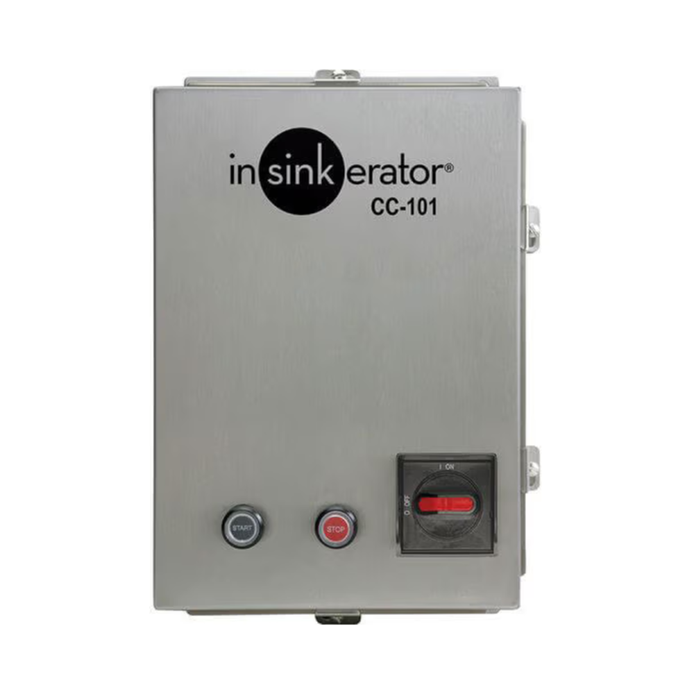 Stainless steel control panel with InSinkErator CC-101 branding, two circular buttons and a red toggle switch.