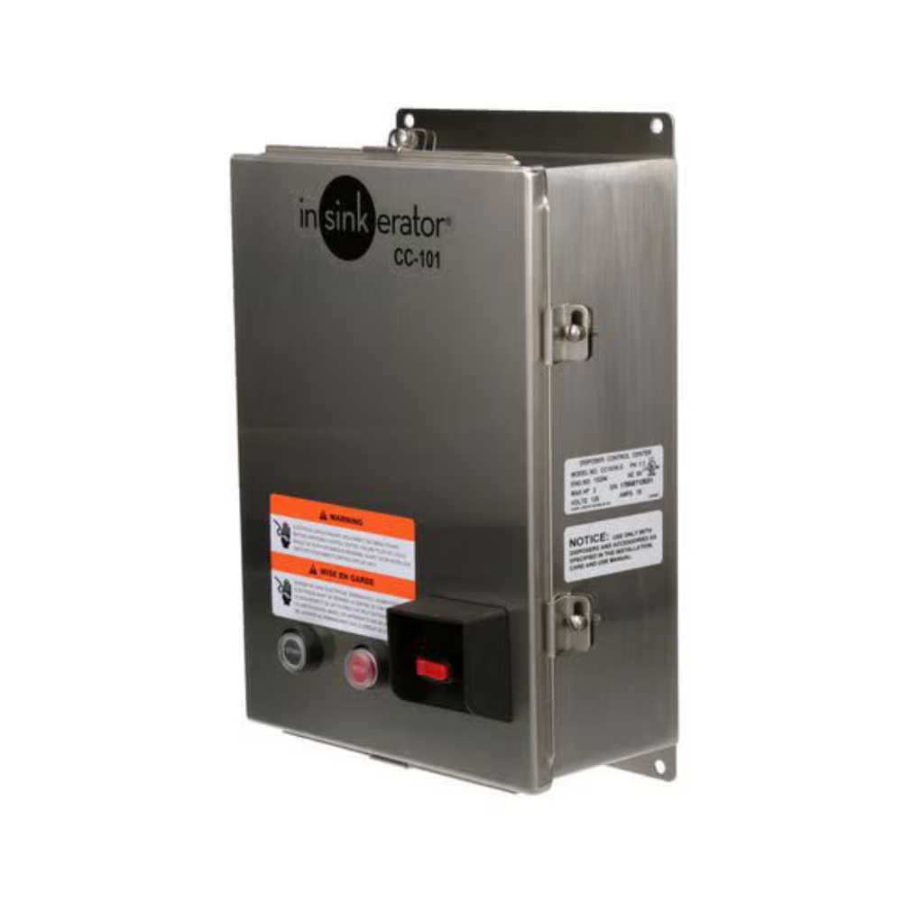 InSinkErator CC101 control center in stainless steel with power switch, indicator lights, and warning labels.