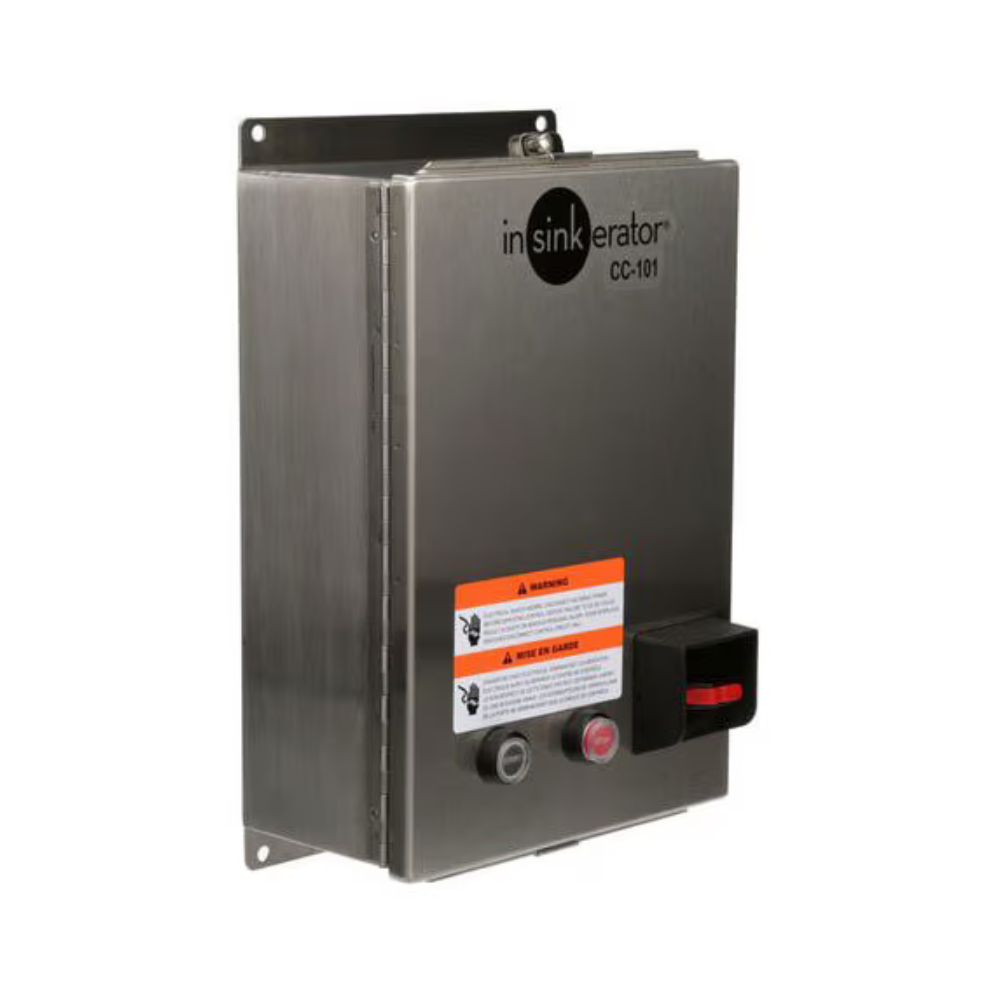 Stainless steel control center for InSinkErator CC101 disposer with red reset button and black toggle switch.