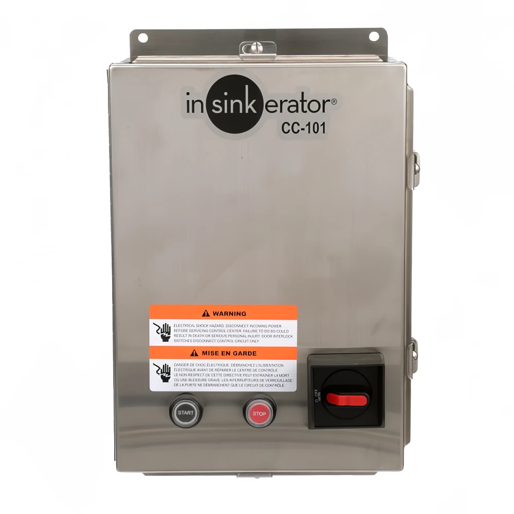 InSinkErator CC-101 stainless steel control center with start and stop buttons, warning label, and power switch.