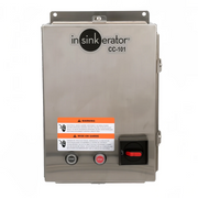 InSinkErator CC-101 stainless steel control center with start and stop buttons, warning label, and power switch.