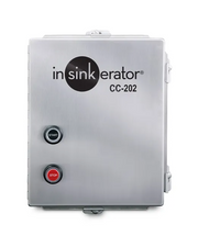 InSinkErator CC-202 stainless steel control center with white START button and red STOP button.