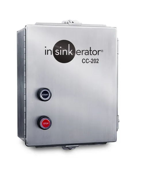 Stainless steel control panel with InSinkErator logo, blue START button, and red STOP button.