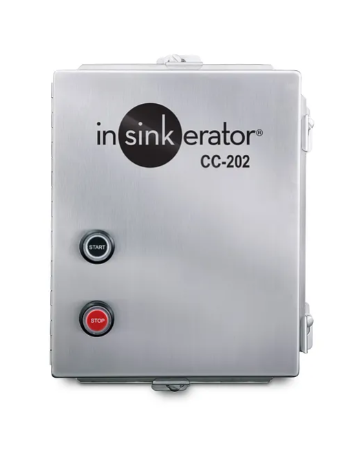 Stainless steel InSinkErator CC-202 control center with START and STOP buttons for garbage disposer operation.