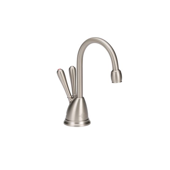 Satin nickel instant hot and cold water dispenser with curved gooseneck spout and dual control handles.