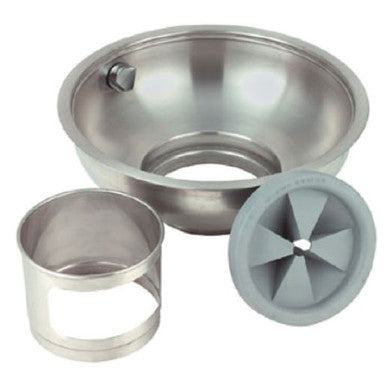 Stainless steel sink disposer mounting assembly with bowl, collar ring, and gray plastic splash baffle component.