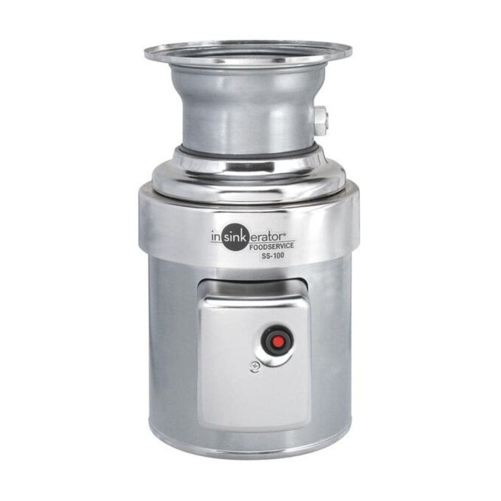 Stainless steel InSinkErator SS-100 food disposer with cylindrical chamber, control panel with red button, and outlet port.