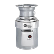 Stainless steel InSinkErator SS-100 food disposer with cylindrical chamber, control panel with red button, and outlet port.